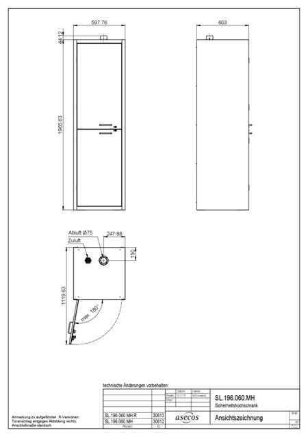 Шкаф безопасный вертикальный для кислот и щелочей ASECOS SL.196.060.MH - чертёж