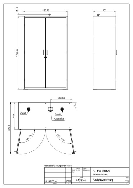 Шкаф безопасный вертикальный для кислот и щелочей ASECOS SL.196.120.MV - чертёж
