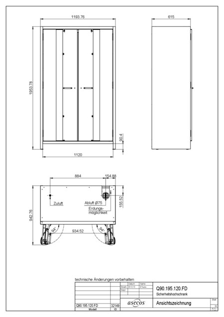 Шкафы для хранения ASECOS Q30.195.116. 2 полки для лотков (полипропилен); 1 поддон (ёмкость 33л, полипропилен) - чертёж